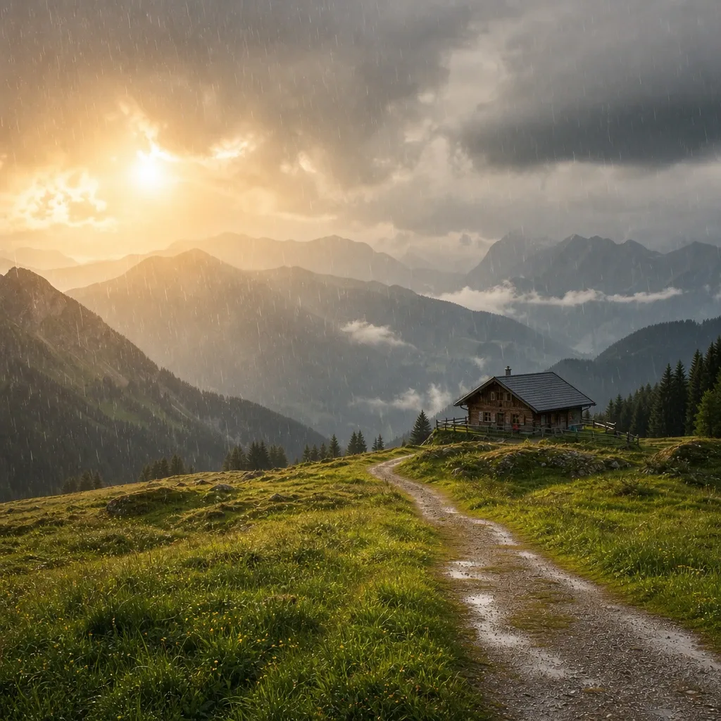 Cabaña en montaña al atardecer con camino