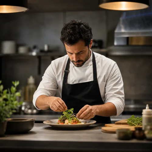 Chef decorando plato en cocina profesional
