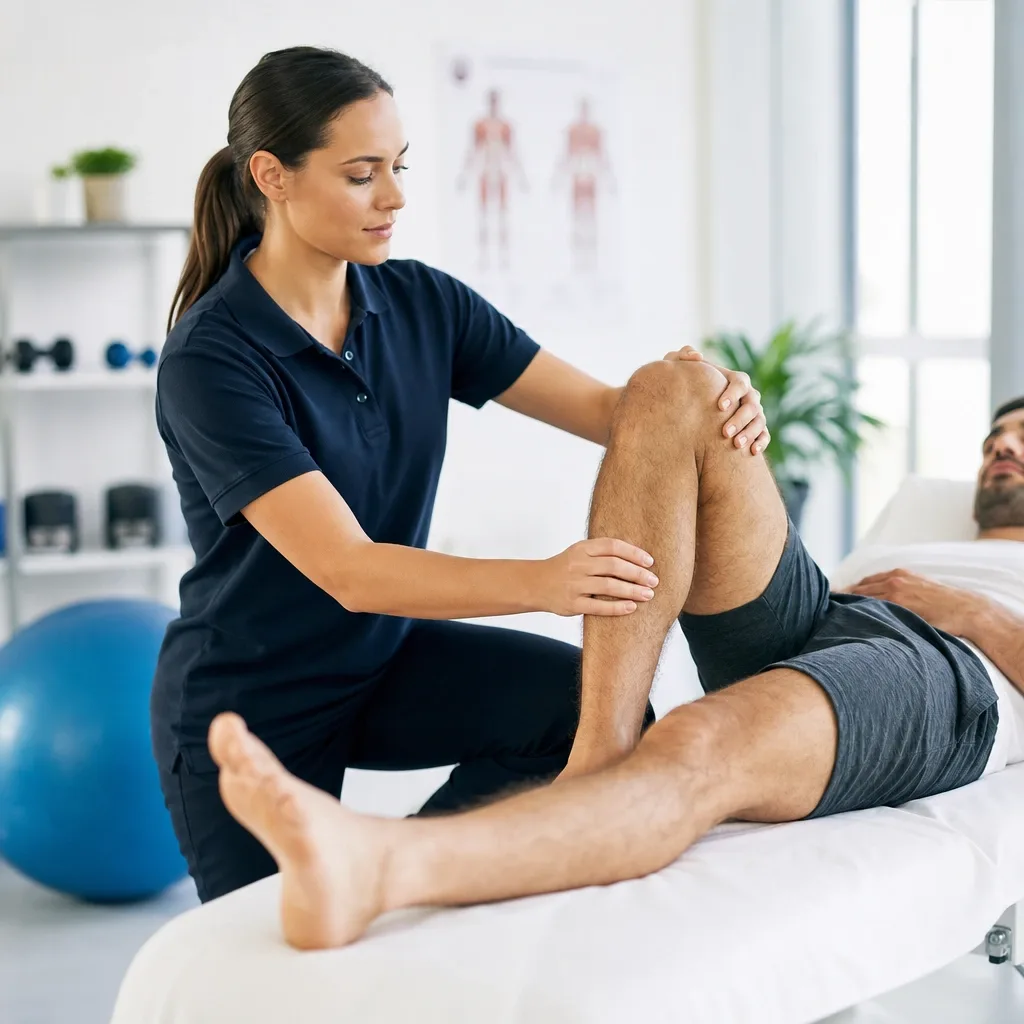 Fisioterapeuta revisando la rodilla de un paciente