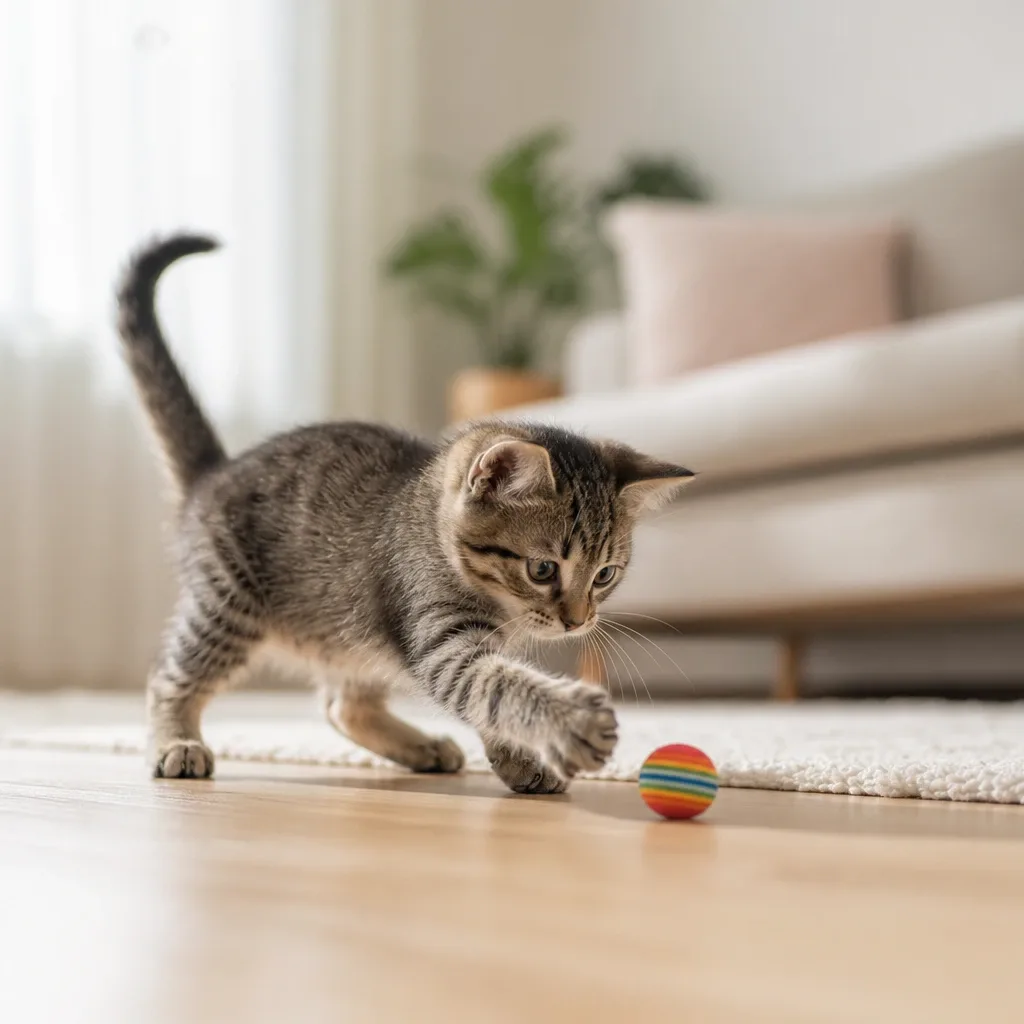 Gatito jugando con pelota de colores