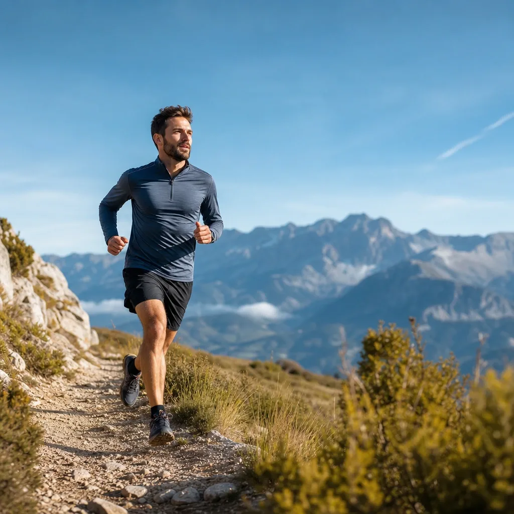 Hombre corriendo en sendero de montaña