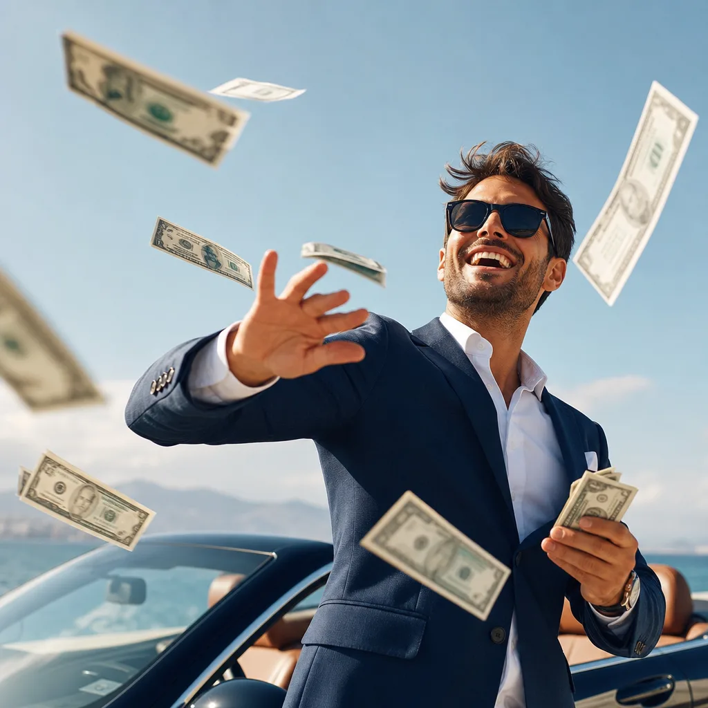 Hombre Feliz Lanzando Billetes De Dolar