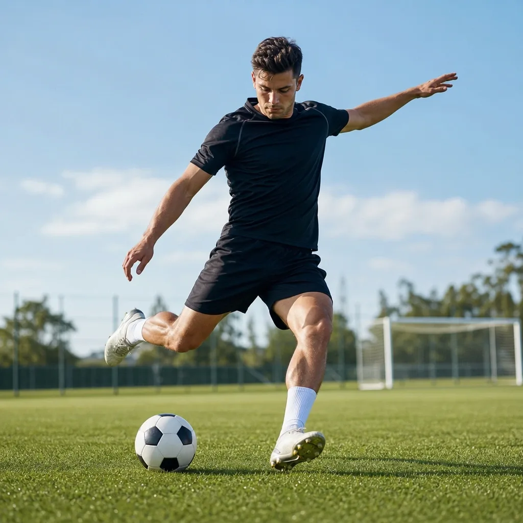 Hombre pateando balón de fútbol en campo abierto
