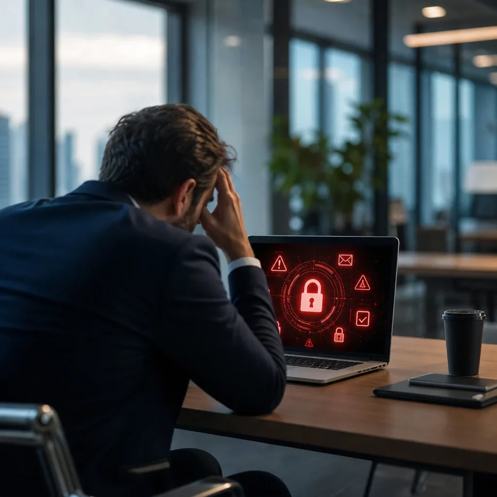 Hombre preocupado por seguridad digital en oficina