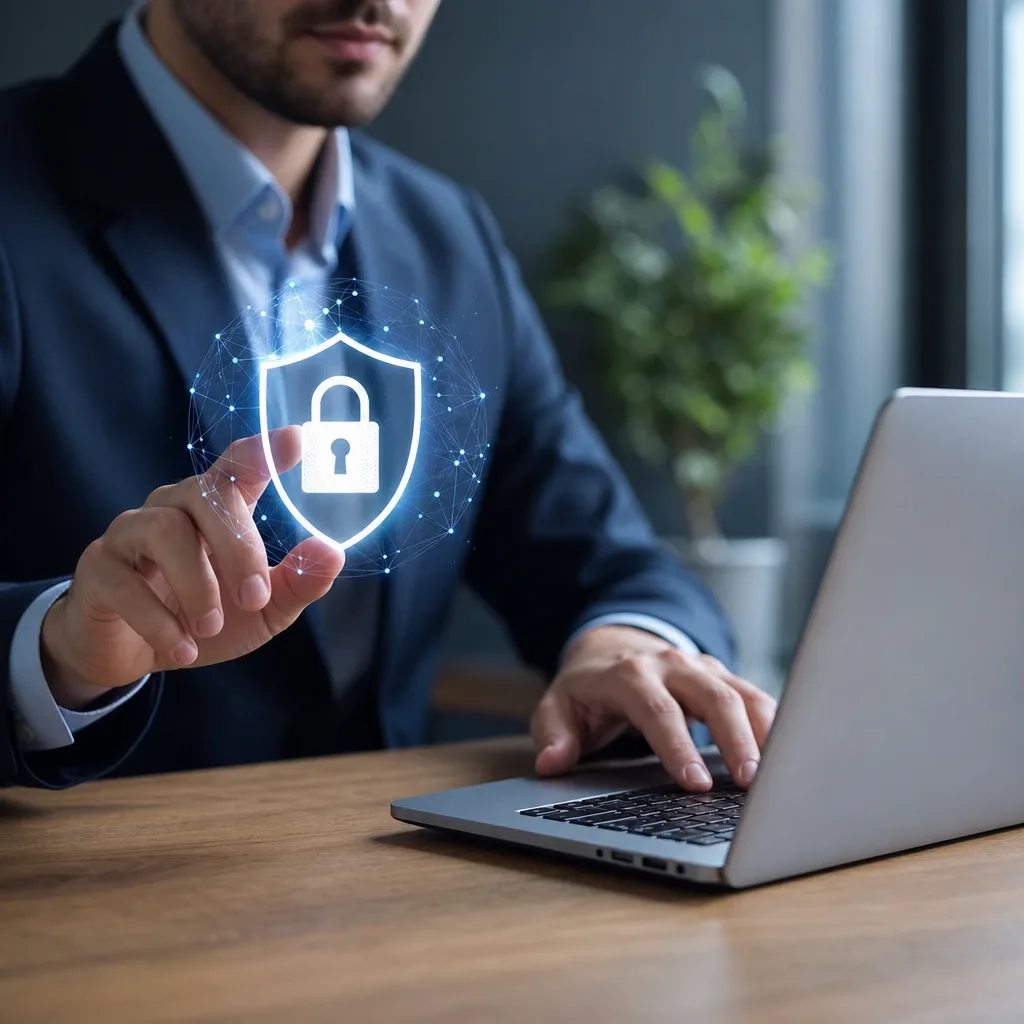 Hombre de negocios tocando un icono de candado digital frente a laptop