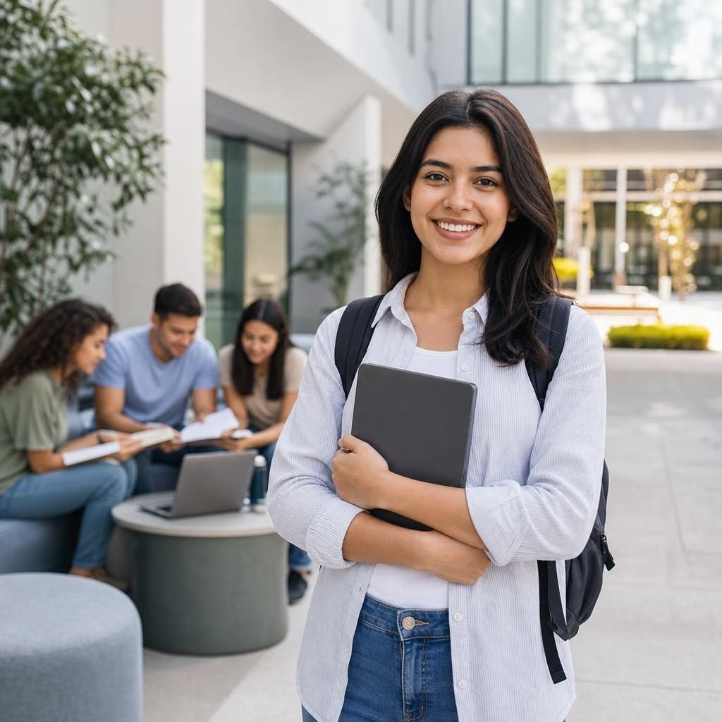 Joven estudiante sonriente en campus universitario