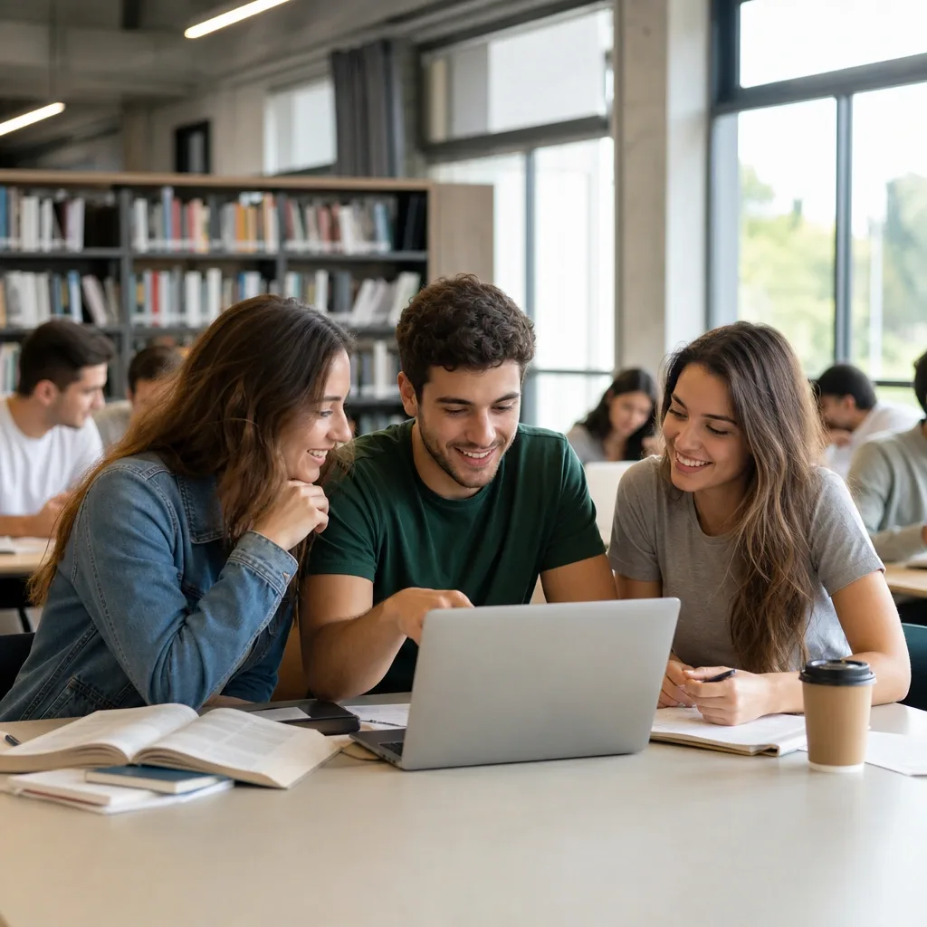 Jóvenes estudiando juntos en biblioteca