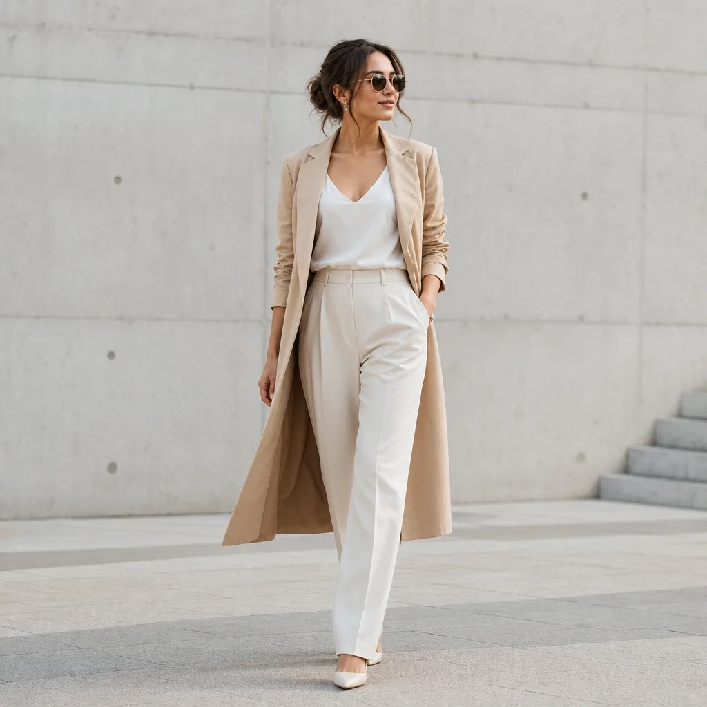 Mujer caminando con abrigo beige