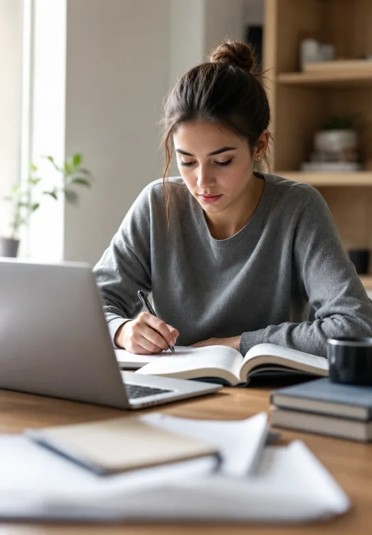 Mujer estudiando con laptop y libro abierto