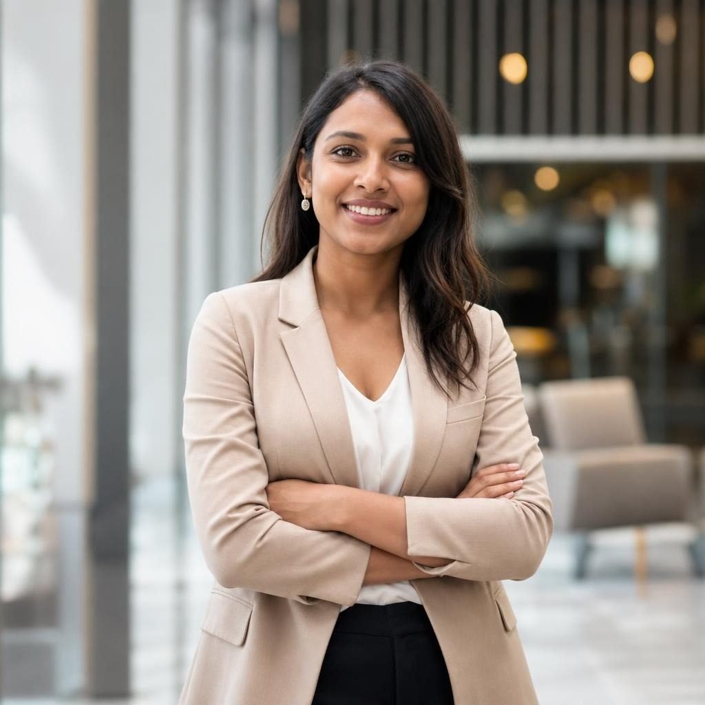 Mujer joven sonriendo con traje beige