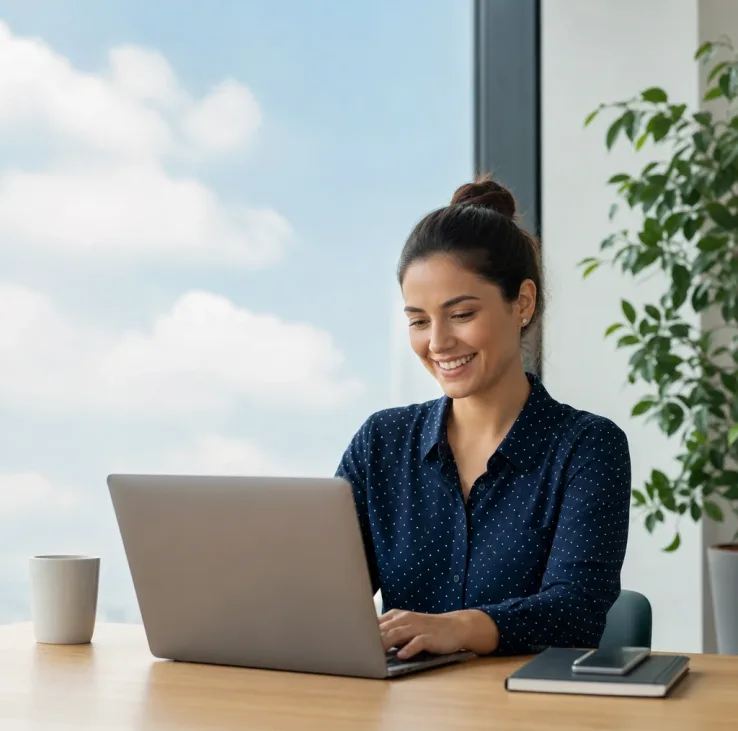 Mujer sonriente trabajando en laptop