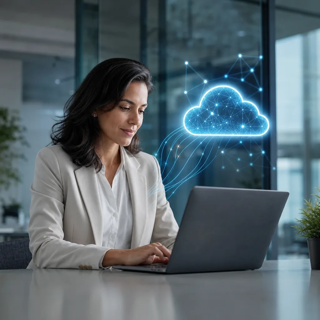 Mujer usando laptop con nube digital