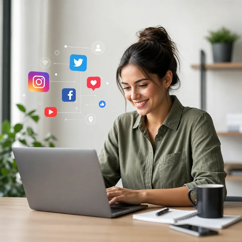 Mujer usando laptop y redes sociales