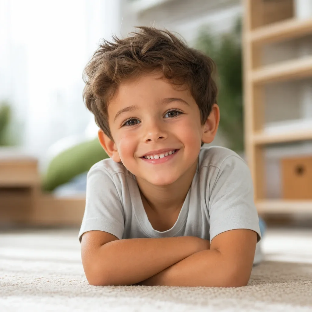 Niño sonriente acostado en el suelo
