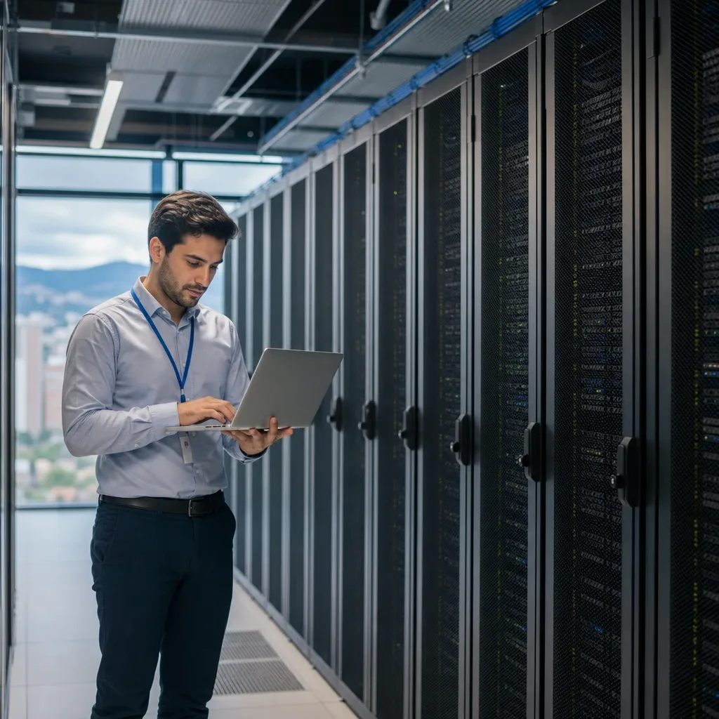 Técnico revisando servidores en sala de datos