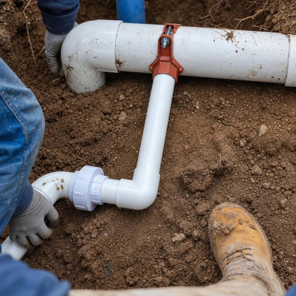 Trabajador instalando tubería pvc en tierra